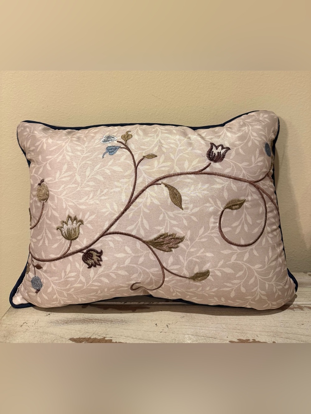 Madison Park Embroidered Floral Accent Pillow Navy Beige 11x15